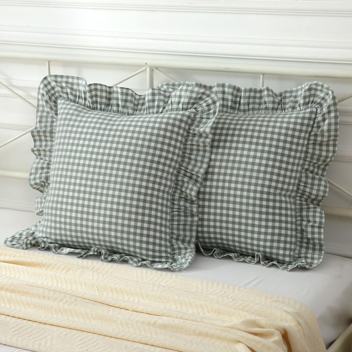 2 Pack Vintage Dusty Green Plaid Ruffle Throw Pillow Covers,Washed Cotton Checkered Gingham Pillow Covers 20"x20" for Sofa,Couch,Bed and Living Room