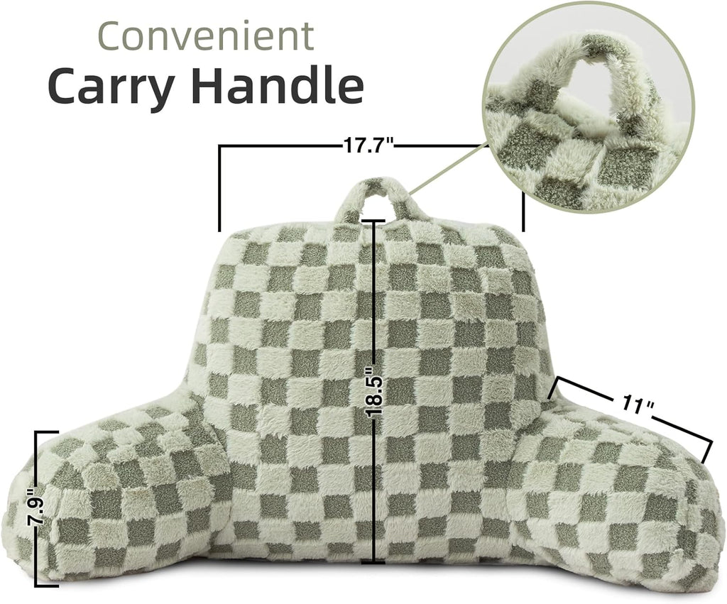 A Nice Night Faux Fur Reading Pillow,Checkered Fluffy Grid Plaid,Bed Wedge Pillow Large Adult Children Backrest with Arms for Bedrest,Green