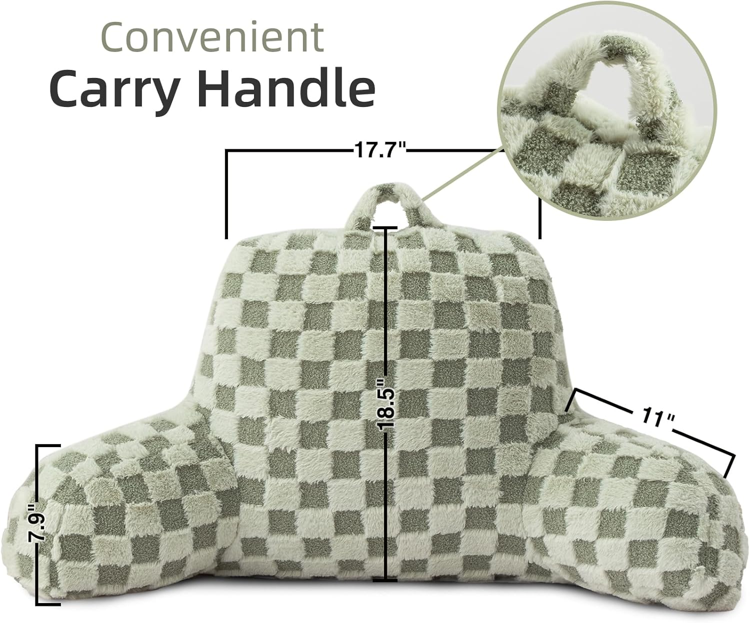 A Nice Night Faux Fur Reading Pillow,Checkered Fluffy Grid Plaid,Bed Wedge Pillow Large Adult Children Backrest with Arms for Bedrest,Green