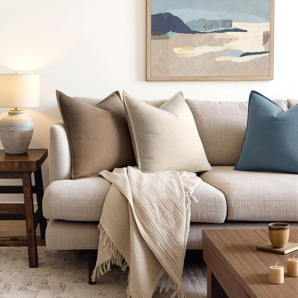 MIULEE Decorative Pillow Covers 20x20, 2 Pack Boho Farmhouse Neutral Throw Pillows for Couch, Thick Textured Modern Linen Cushion Cases Sofa Bed Living Room Home Decor, Natural Beige