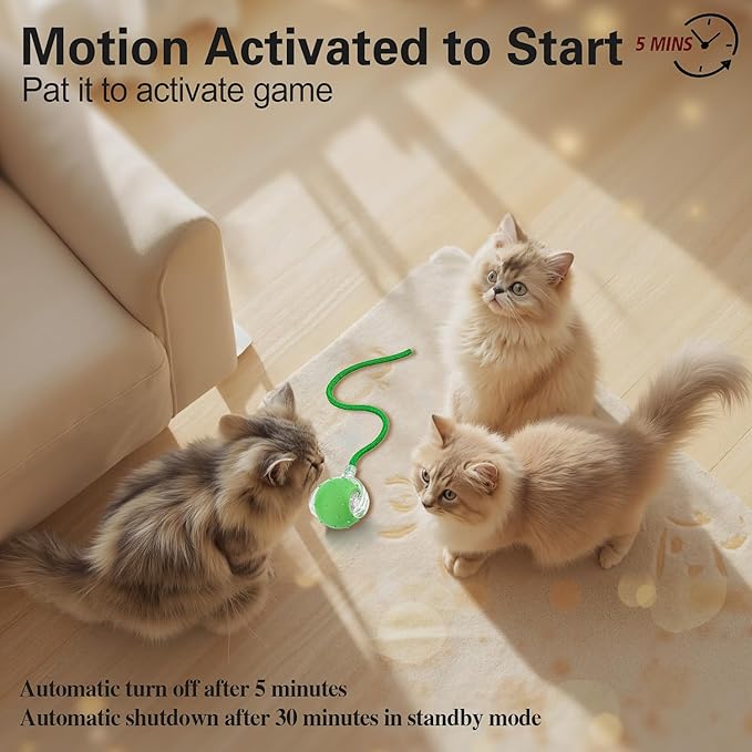 Interactive Cat Toys Ball for Indoor Cats, Automatic Agile Rolling Cat Ball with Elastic Mesh Tail, Bird Chirping & Motion Activated, 2 Tail Accessories, Kitten Toy for Bored (Green)
