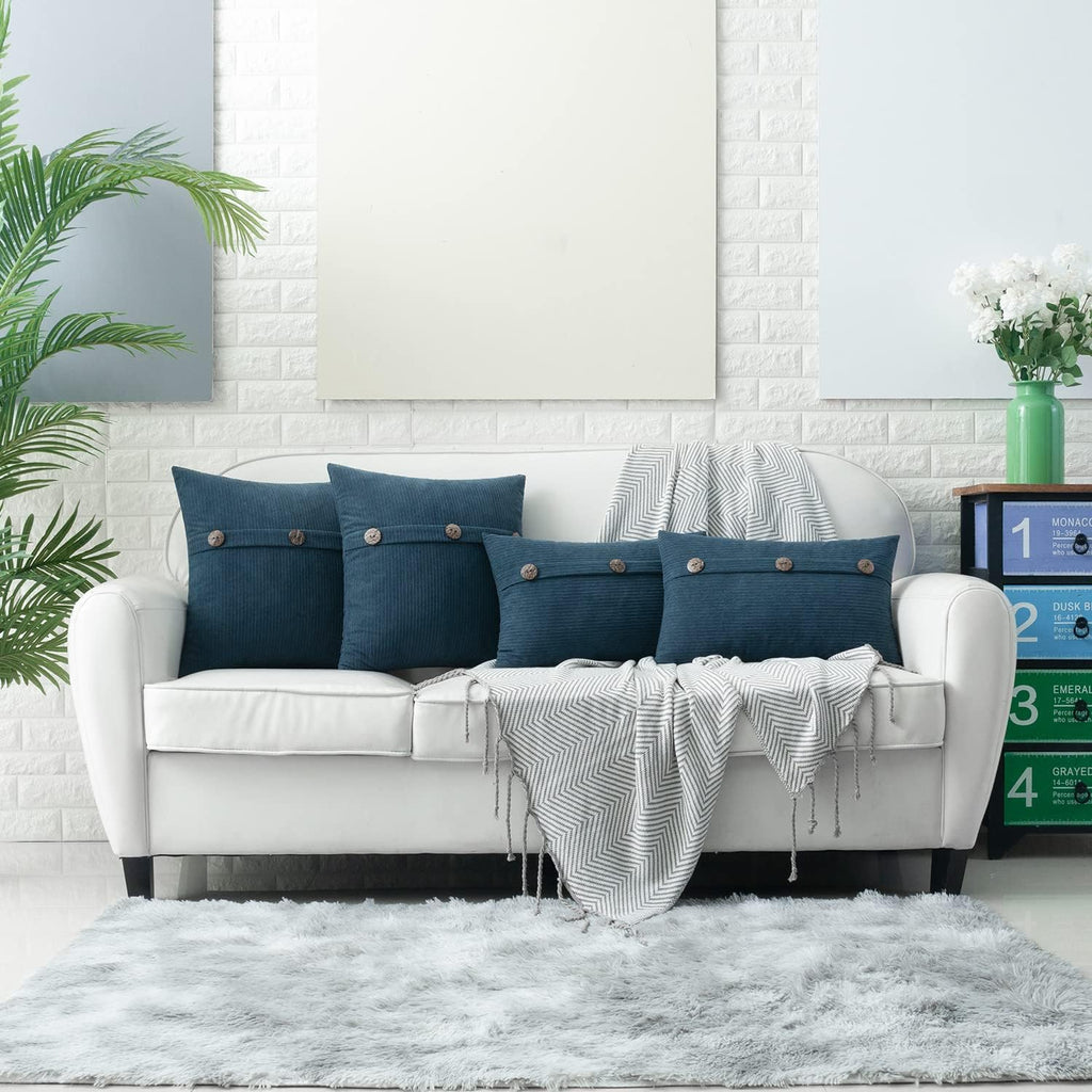 HWY 50 Blue Chenille Throw Pillow Covers 12x20 Inch with Triple Buttons, Soft Farmhouse Accent Decorative Cushion Cases for Couch Sofa Living Room Pack of 2 Rectangle