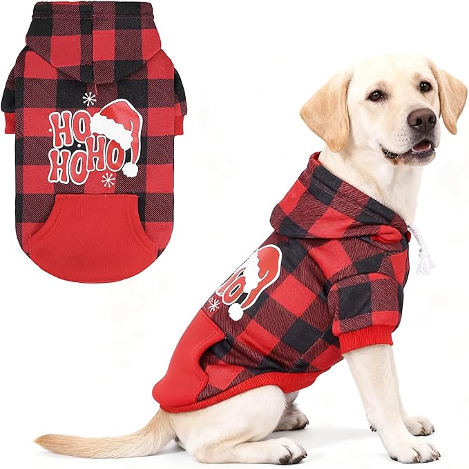 KOOLTAIL Christmas Dog Hoodie, Red Plaid Pet Sweater, Hat Hooded Sweatshirt Dog Clothes for Small Medium Large Dogs Boys Girls, Soft Warm Winter Cold Weather Coat with Leash Hole&Pocket, Santa, L