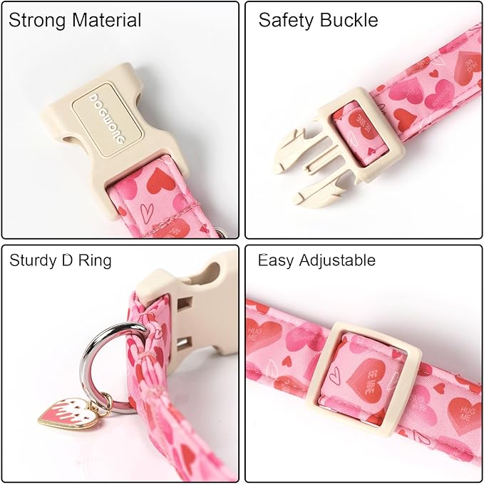 DOGWONG Valentine's Day Dog Collar, Cute Heart Dog Collars, Adjustable Valentine Pink Heart Pet Collars Design Dog Collar with Quick Release Buckle for Puppy Girl Boy Female Dogs