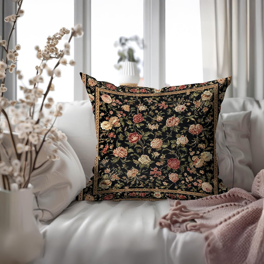 Bohemian Pillow Covers | Vintage Floral & Carpet Design | Double Sided Blue White Decorative Pillowcases for Couch, Bed | Indoor Outdoor Boho Home Decor (Black, 18x18inches)