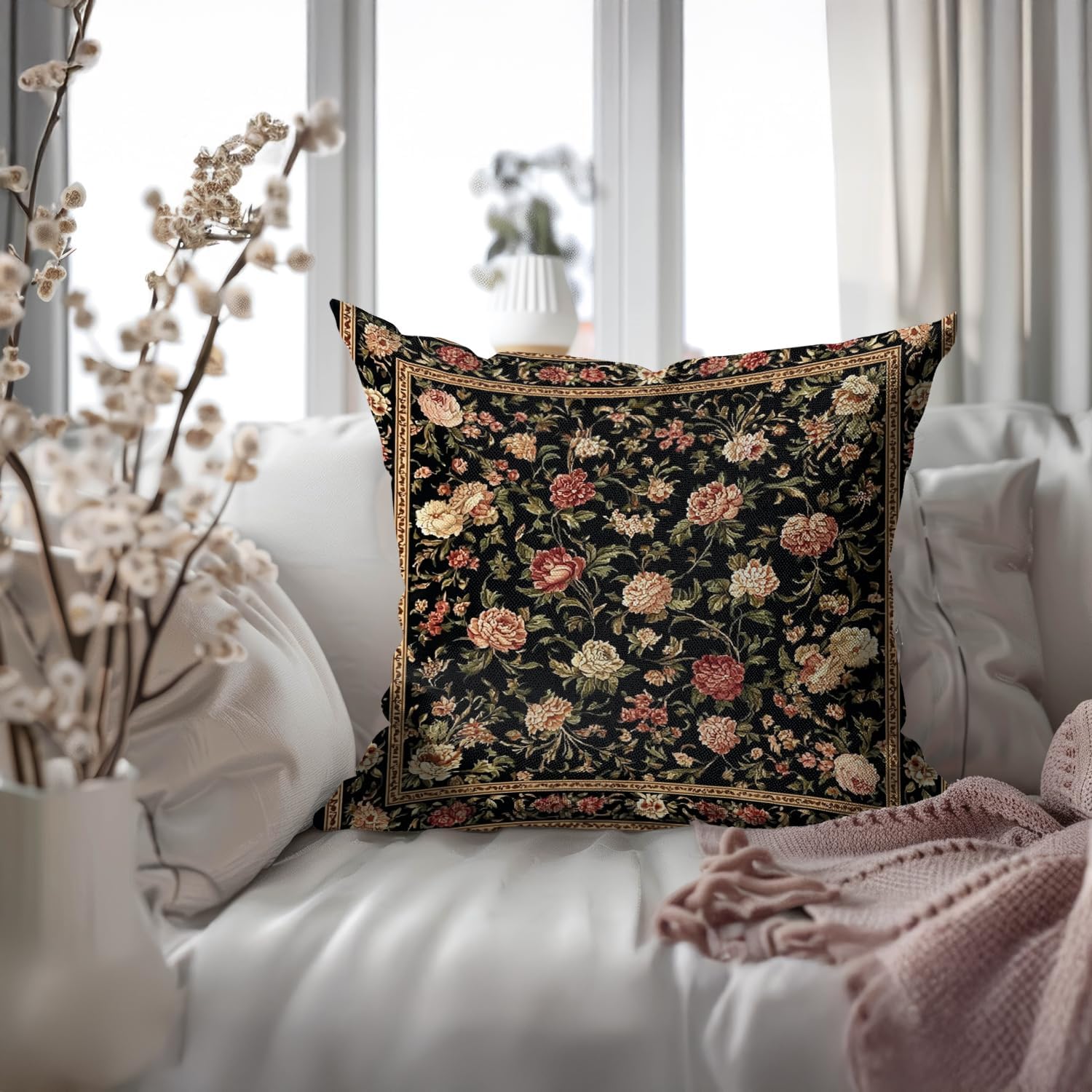 Bohemian Pillow Covers | Vintage Floral & Carpet Design | Double Sided Blue White Decorative Pillowcases for Couch, Bed | Indoor Outdoor Boho Home Decor (Black, 18x18inches)