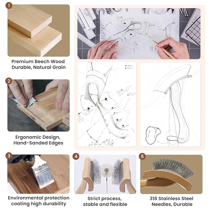 Dog Slicker Brush for Shedding,Dog Brush for Long Haired Dogs & Remove Tangles & Mats,Ergonomic Handle Grooming Like Professional,Beech Wood,L