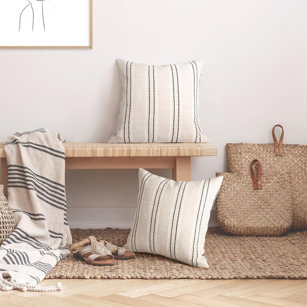 AELS 16x16 Decorative Farmhouse Linen Throw Pillow Covers, Boho Textured Pillow Case, Set of 2, Beige with White & Black Stitch Yarn Dyed Stripe Cushion Cover for Sofa Couch Living Room (Cover ONLY)