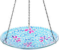 VCUTEKA Hanging Bird Bath, Glass Mosaic Bird Baths for Outdoors Birdfeeder with 21 inch Rust-Proof Chain for Garden Yard Decor, Flower