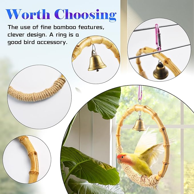 Bamboo Ring Bird Swing Perch,Large Circle Cage Hanging Toys,Bird Perch Climbing Toy Steady Natural Birds Hemp Rope Swings for Budgie,Cockatiels,Conures,Finches,Small Parakeets