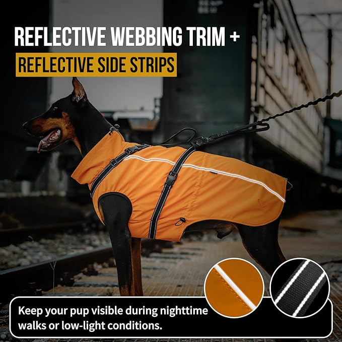 OneTigris Dog Coat with Harness - Reflective Adjustable Coats for Medium and Large Dogs, Waterproof Warm Winter Coat, Soft Heavy Fleece Lining with Back Zipper Dog Jackets