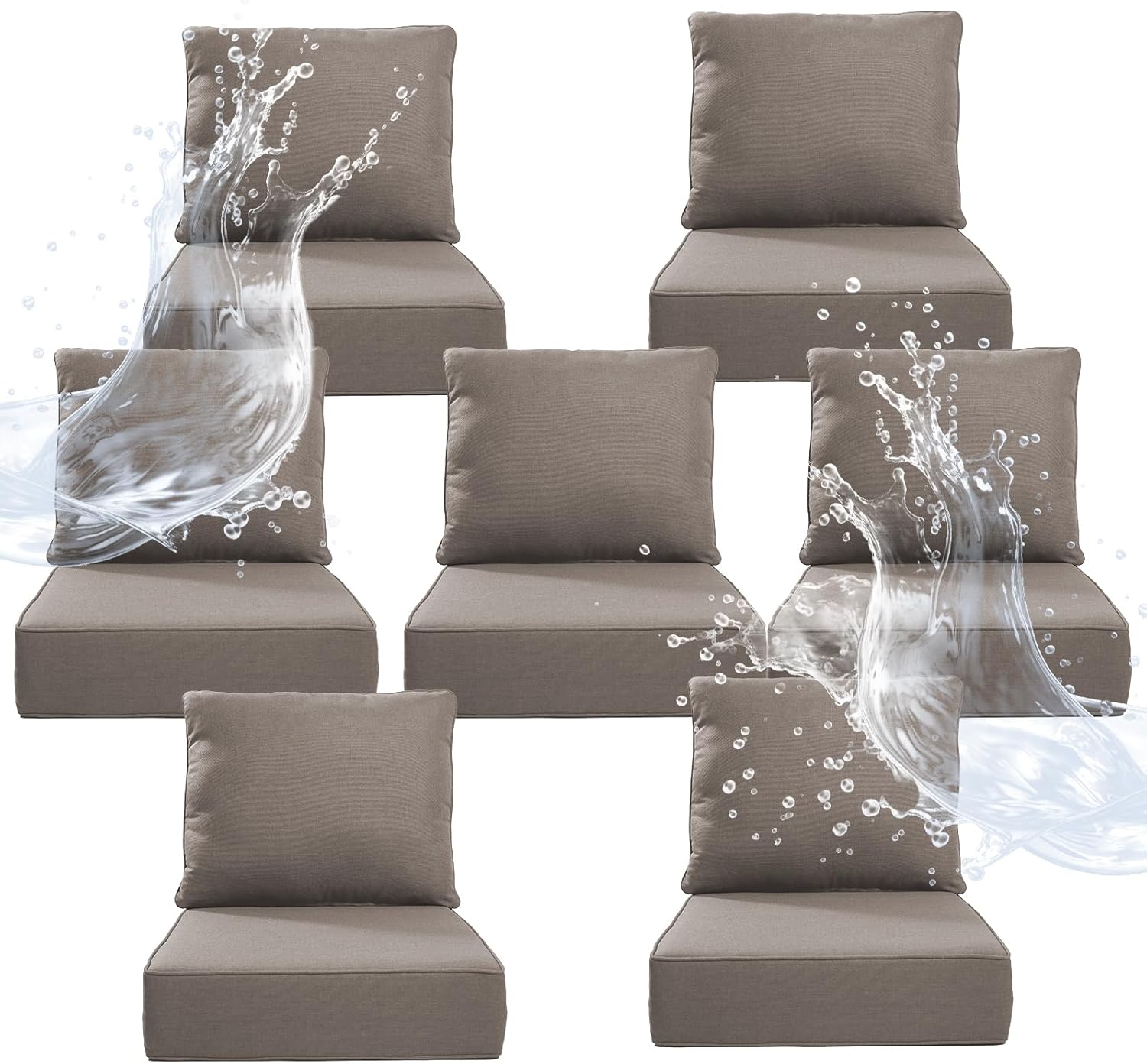 6" Thicker Outdoor Chair Cushion 7 Sets - 24" *24" *6" Waterproof Patio Furniture Cushions with Removable Cover, 28D High Density Sponge Filling Thicken Outdoor Patio Cushions - Grey