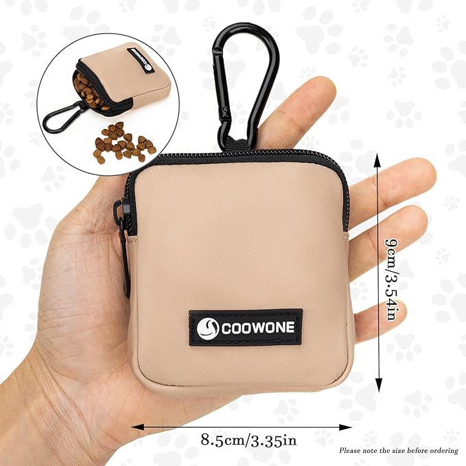 COOWONE Dog Treat Pouch Pocket Sized Pet Puppy Training Pouch for Dog Training Behavior Aids, Waterproof Nylon Fabric Dog Poop Bag Holder, Hands Free Dog Walking Bag with Metal Carabiner (Coffee)