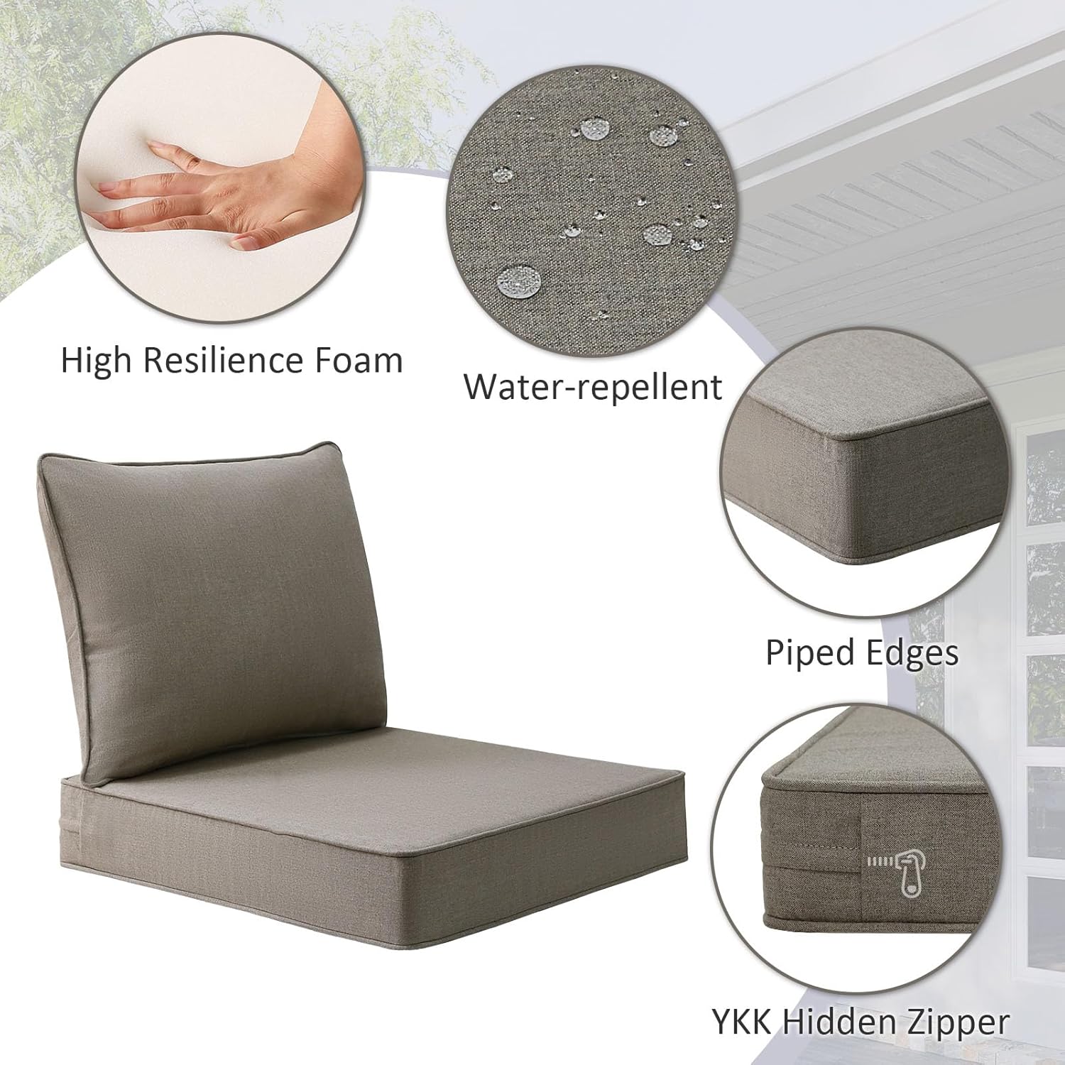 Sunbrella Outdoor Chair Cushions Set, 24" x 24", Set of 2, Water-Repellent, Fade Resistant, Deep Seat Bottom and Back Cushion for Backyard, Couch, Sofa and Patio Furniture, Cast Shale