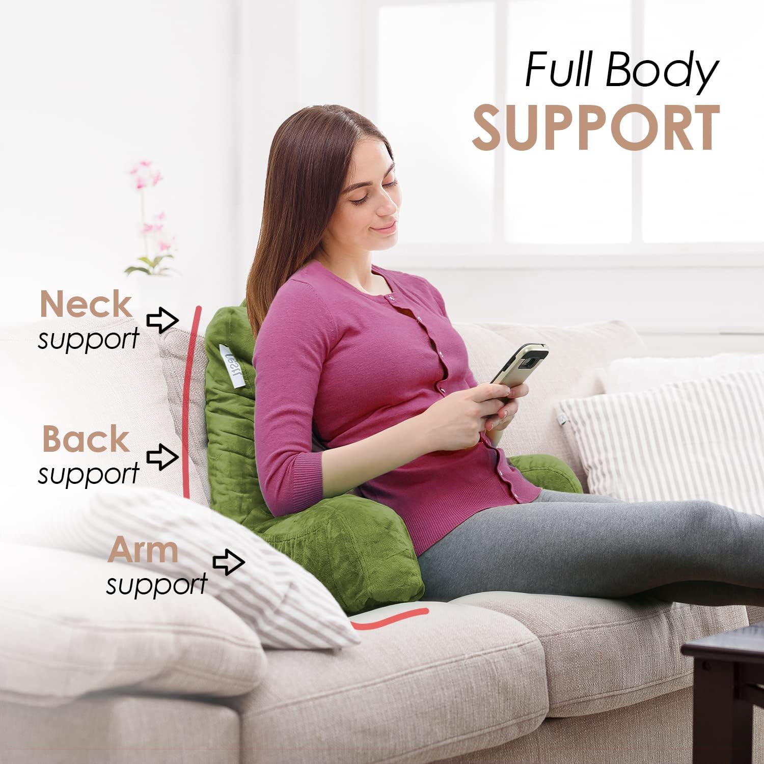 Nestl Reading Pillow for Kids & Teens with Shredded Memory Foam, Backrest Pillows for Reading, Watching, and Gaming, Use on the Couch, Bed, or Floor, Adjustable Support with Washable Cover Calla Green