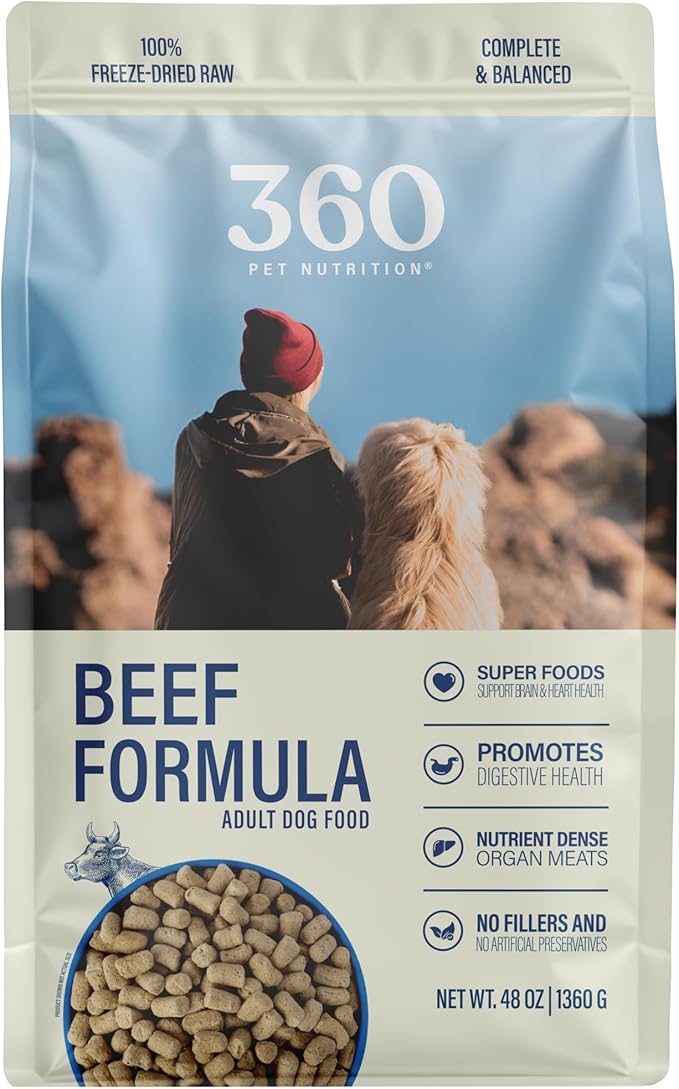 360 Pet Nutrition Freeze-Dried Raw Dog Food – Beef Recipe with Liver & Organs, High Protein with Omega-3s, Fruits, Veggies & Superfoods, Grain-Free, No Fillers, 3 lb – Made in USA