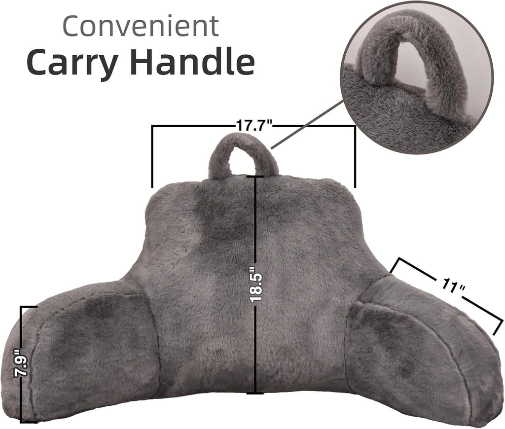 A Nice Night Faux Fur Reading Pillow Bed Wedge Large Adult Children Backrest with Arms Back Support for Sitting Up in Bed/Couch for Bedrest,Gray,Large