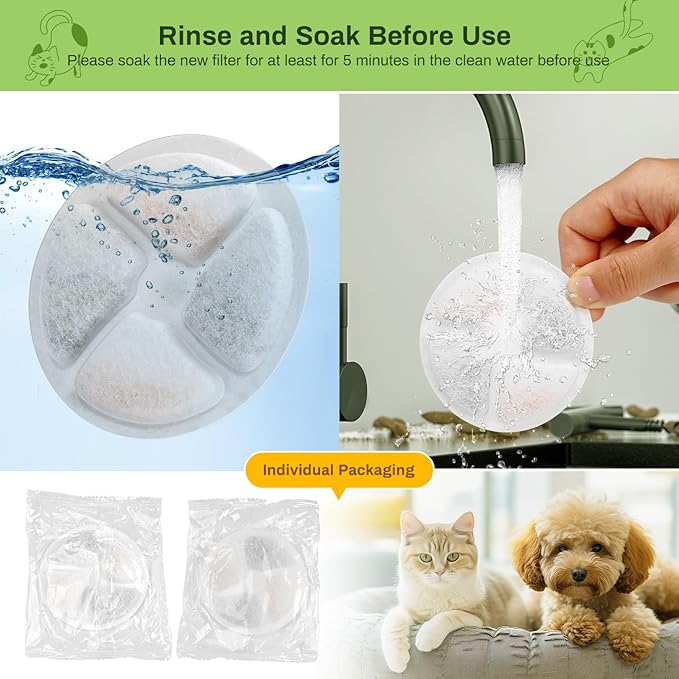 10 Pack Cat Fountain Filter Replacement for Round 2.2L/73oz Automatic Pet Water Fountain, Stainless Steel Cat Water Fountain Filters, Triple Filtration System, Activated Carbon Filters
