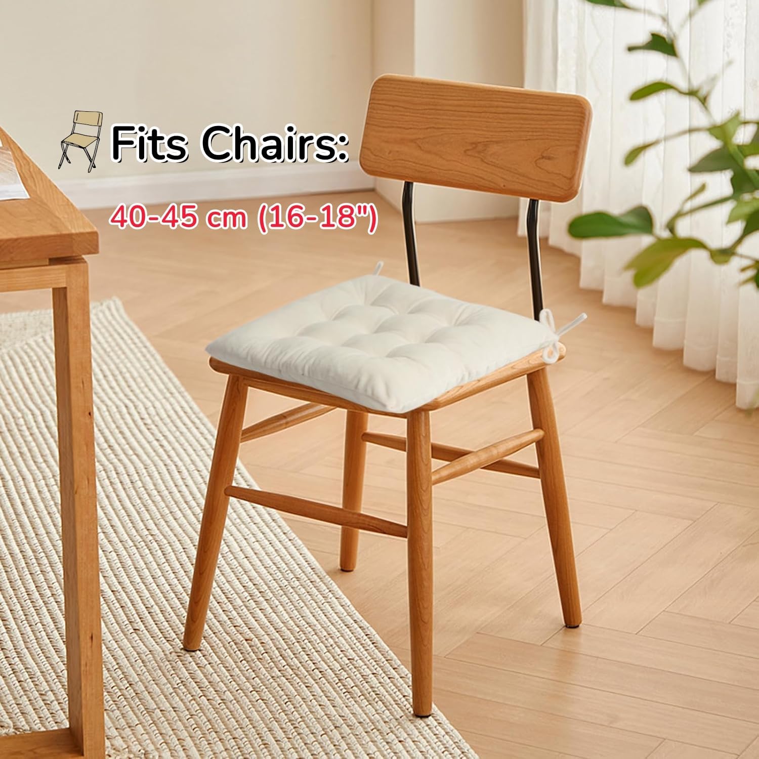 2 Pack Square Seat Cushion Chair Pads for Kitchen Dining Chairs, Soft Comfort Velvet Chair Mat Pillow Cushions with Ties for Office Desk Living Room Tatami 15.5", Ivory