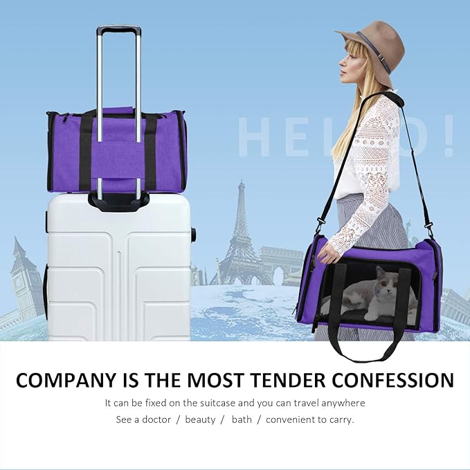 Large Cat Carriers Dog Carrier Pet Carrier for Large Cats Dogs Puppies up to 25Lbs, Big Dog Carrier Soft Sided, Collapsible Travel Puppy Carrier - Large - Purple