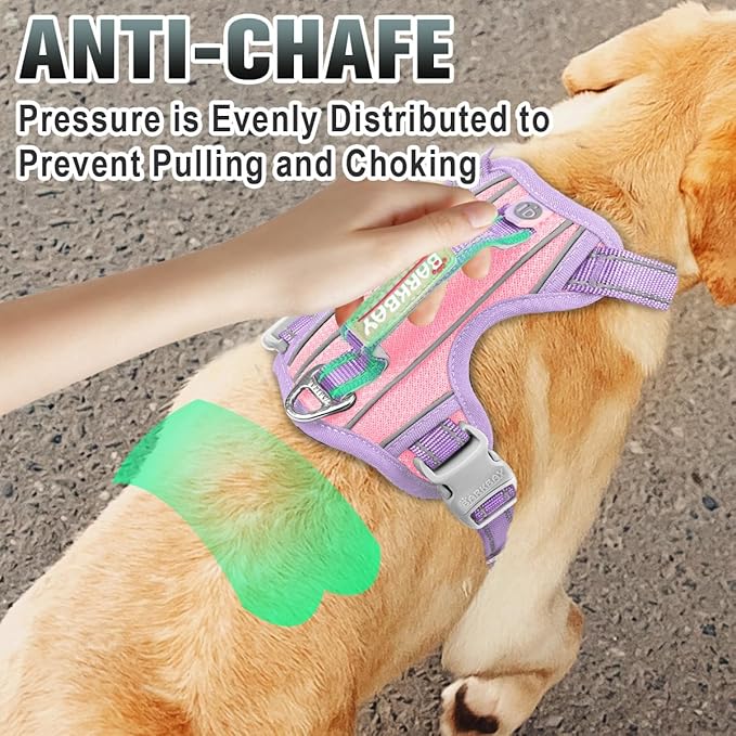 BARKBAY No Pull Dog Harness Large Reflective Dog Harness with Front Clip and Easy Control Handle for Walking Training Running with ID tag Pocket(Baby Pink & Violet Purple,L)