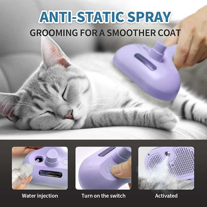 Dog Brush for Shedding, 3 in 1 Self Cleaning Steam Dog Brush - Anti-Static,Cat Steam Brush Removal Comb with Release Button, Grooming Tool for Long and Short Hair Pets, Purple