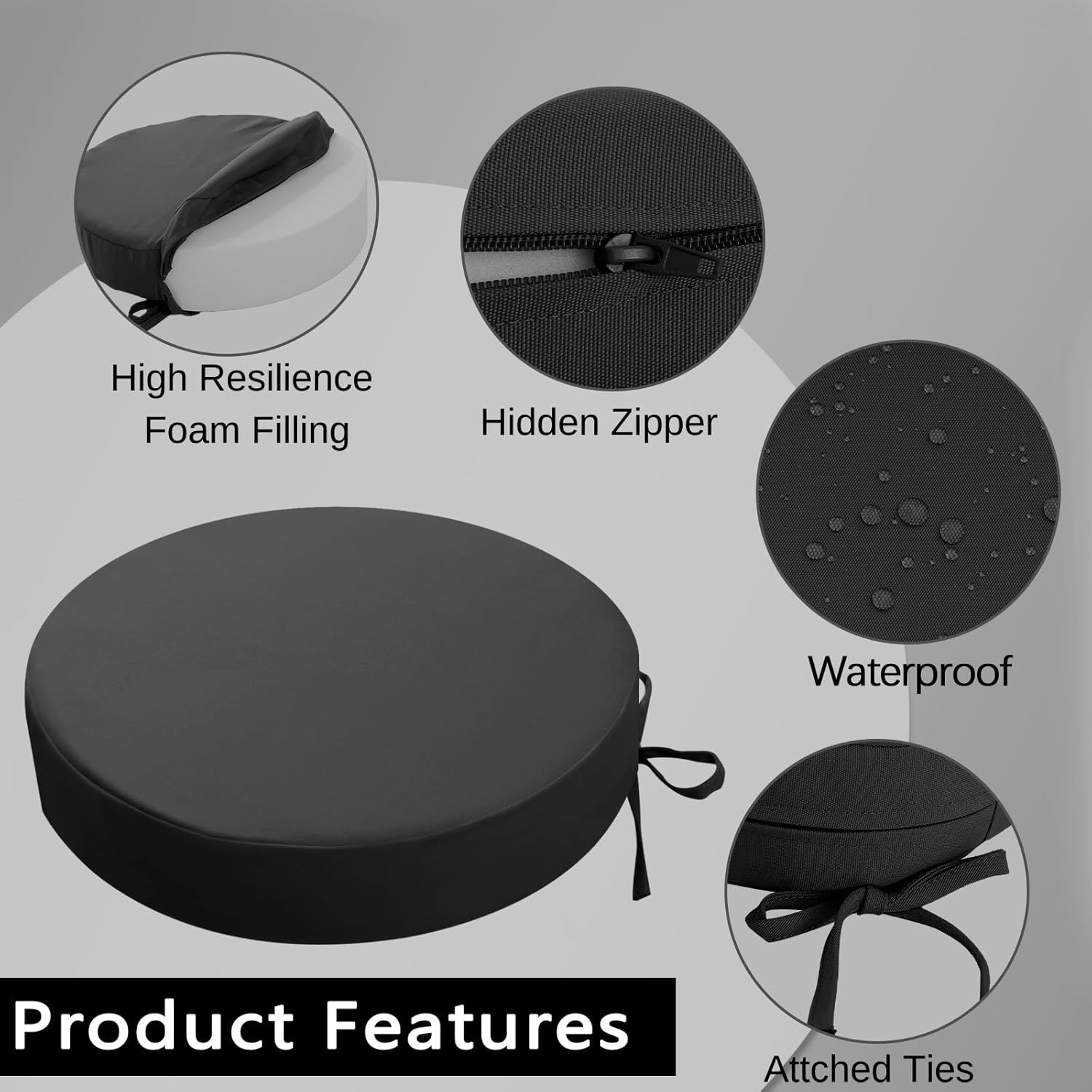 idee-home Outdoor Bistro Chair Cushions, 15”x15”x 3” Thick Outdoor Round Seat Cushions Set of 2 with Ties, Waterproof Round Patio Furniture for Garden