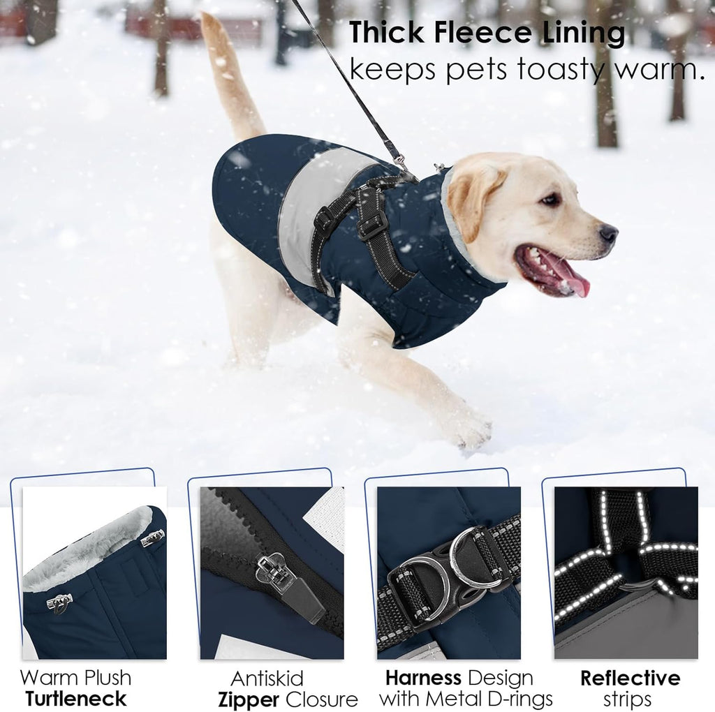AOFITEE Dog Coat, Large Dog Jacket, Dogs Coat with Harness Built in, Reflective Waterproof Dogs Jackets Winter with Furry Collar, Warm Polar Fleece Pet Sweater Snowsuit for Doberman, Great Dane, XXL
