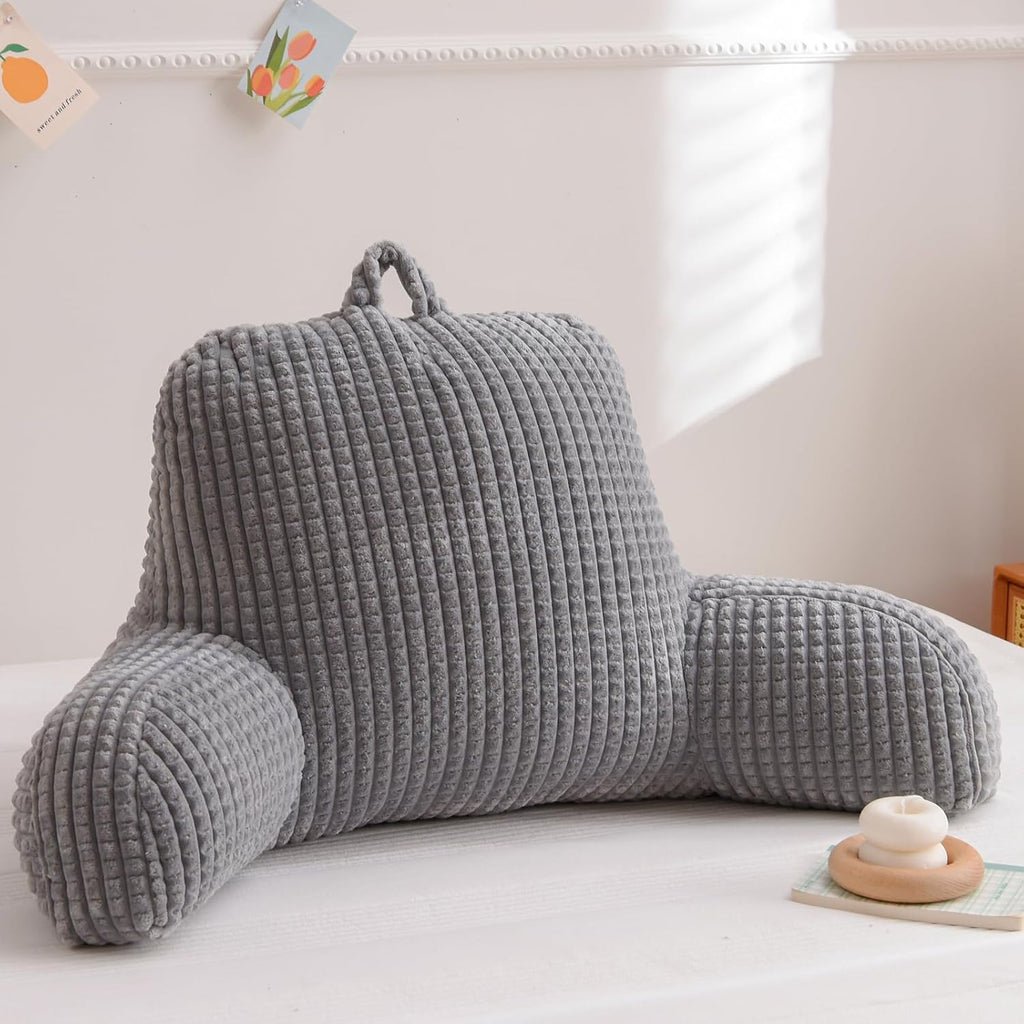 A Nice Night Reading Pillow Bed Wedge Large Adult Children Backrest with Arms Back Support for Sitting Up in Bed/Couch for Lounging Bedrest,Waffle Stereoscopic Design,Grey
