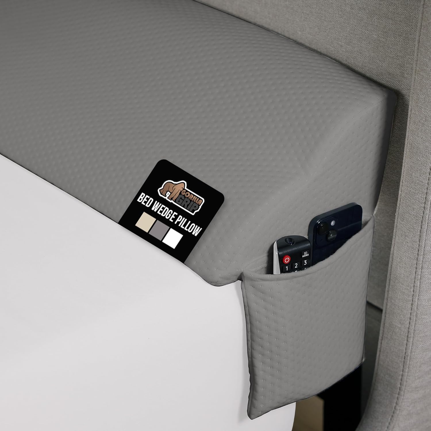 GORILLA GRIP Patent Pending King Bed Wedge Pillow Headboard Gap Filler, US Designed, Comfortable Supportive High Density Foam Pillows, Stay in Place Gripping Dots, Wedges Between Mattress, Soft Gray