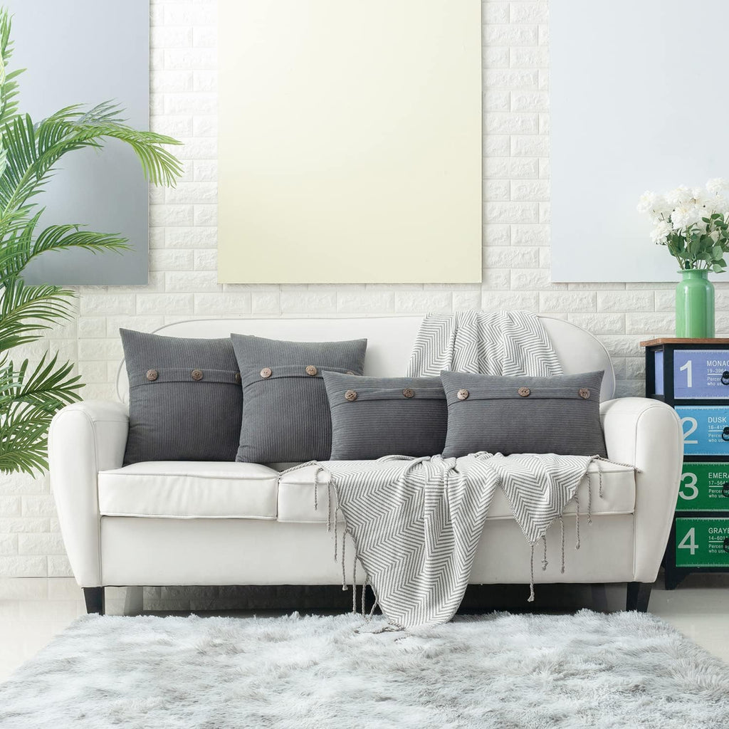 HWY 50 Gray Grey Chenille Throw Pillow Covers 12x20 Inch with Triple Buttons, Soft Farmhouse Accent Decorative Cushion Cases for Couch Sofa Bed Living Room Pack of 2 Rectangle