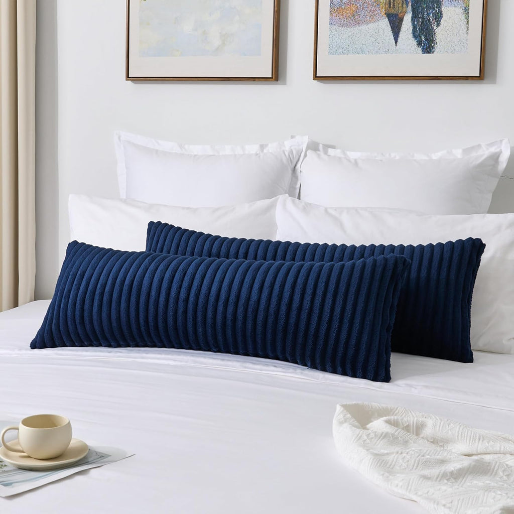 Kevin Textile Soft Plush 12x24 Inch Lumbar Pillow Cover 1 Pack, Luxury Fluffy Faux Fur Striped Flannel Rectangle Cushion Case for Couch Sofa Chair Bed Home Decor, Navy Blue