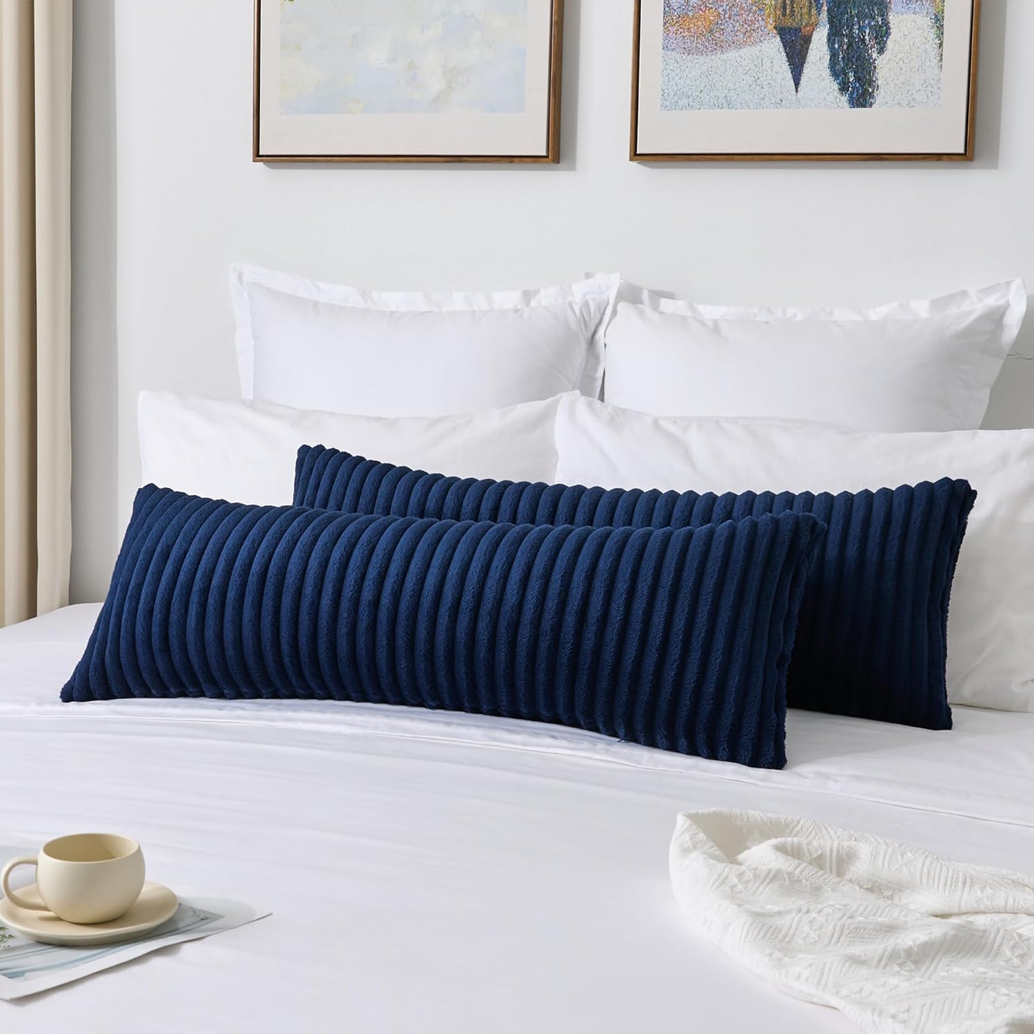 Kevin Textile Soft Plush 12x24 Inch Lumbar Pillow Cover 1 Pack, Luxury Fluffy Faux Fur Striped Flannel Rectangle Cushion Case for Couch Sofa Chair Bed Home Decor, Navy Blue