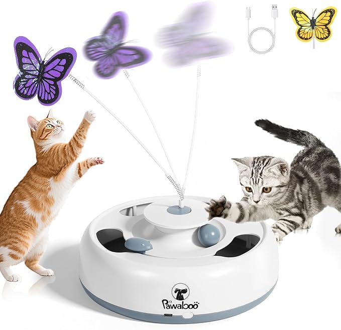 Pawaboo 3-in-1 Automatic Interactive Cat Toy, Electronic Motion Kitten Toy with Fluttering Butterfly Teasers, Track Ball & Random Hide Mouse, USB Rechargeable Cat Teaser Mouse Toys for Indoor Kitties