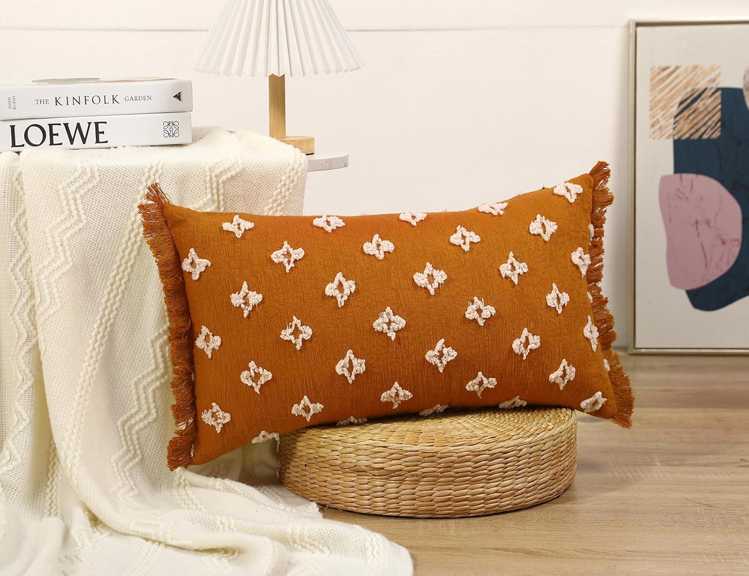 Boho Long Lumbar Pillow Cover 14x20 with Tassel,3D Flower Patterned Cotton Decorative Long Lumbar Pillow Cover Pillow Case for Sofa Couch Bed Livingroom Farmhouse,Rust Red