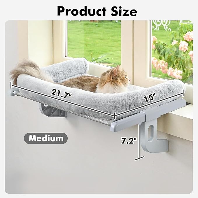 Cat Window Sill Perch with Large Bolster, Easy to Adjust & Assemble Cat Window Seat for Windowsill & Bedside, Pet Hammock Bed for Large Cats and Kittens (Grey, M)