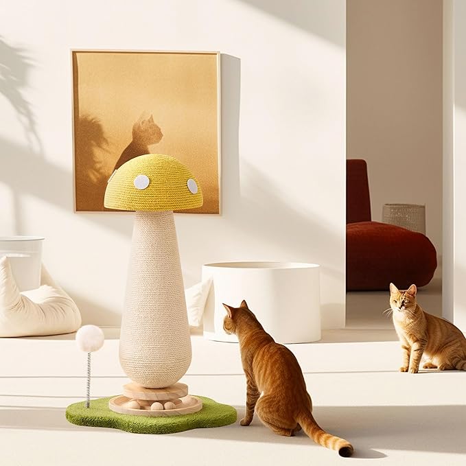 21.5‘’ H Cat Scratching Post with Catnip,Cute Mushroom Cat Scratcher Post with Durable Natural Solid Wood Turntable Toy,Lemon Yellow Mushroom Shape Cat Toy Cat Sisal Scratcher for Indoor Cats