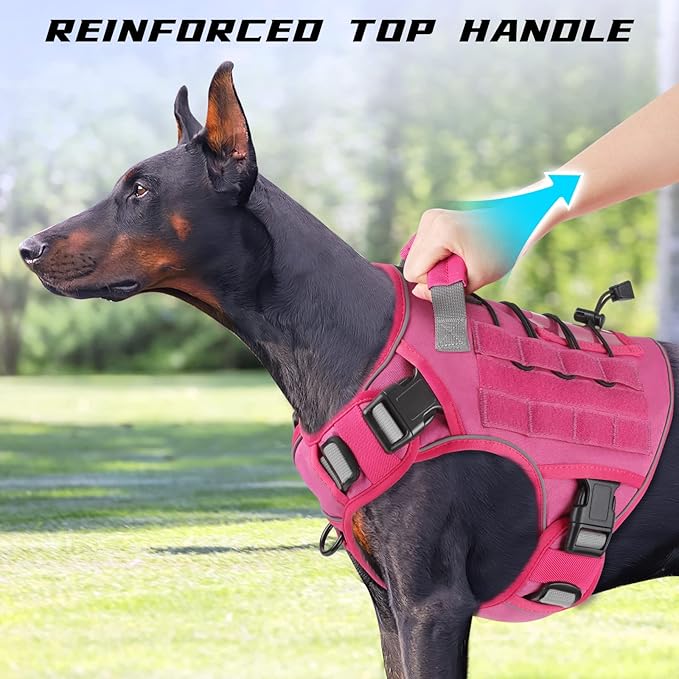 WINGOIN Pink Tactical Dog Harness for Large Dogs, Heavy Duty No Pull Dog Harness with Handle, Adjustable Reflective Military K9 Big Pet Vest for Husky, Doberman, Walking, Training, Hunting (XL)