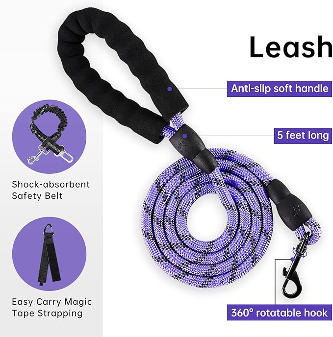 IVY&LANE No Pull Dog Harness for Large Dogs, Dog Vest Harness with Leash, Safety Belt and Storage Strap, Fully Adjustable Harness, 360° Reflective Strip, Soft Handle (Purple, XL)