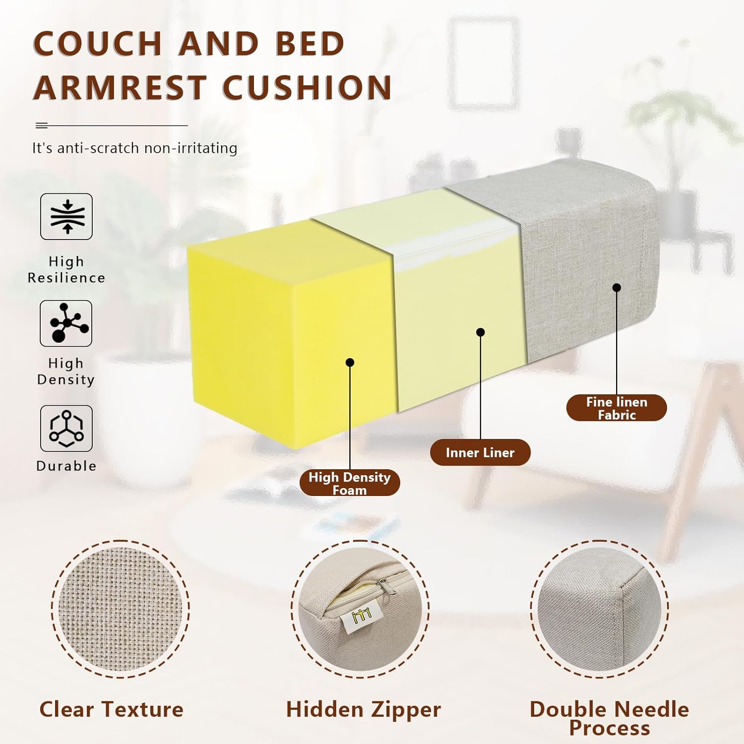 2 Pack Couch Arm Rest Pillow, 6''x6''x20'' Linen Cover, High Density Foam Armrest Cushion, Removable & Washable Elbow Support for Sofa, Bed, and Armchair (Beige)