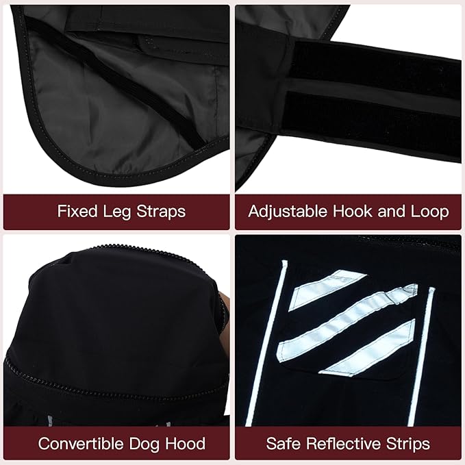 Large Dog Raincoat, Reflective Waterproof Rain Jacket with Convertible Hood/Collar, Lightweight Adjustable Dog Poncho with Leash Hole Full Coverage (Black, L)