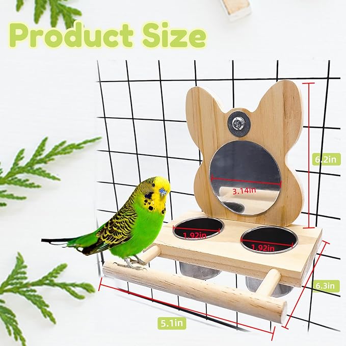 Bird Mirror Parrot Perch with Mirror and Stainless Steel Feeding Cups for Parakeets Cage Swing Wooden Mirror Fun Play Toy for Birds Lovebird Conures Cockatiels