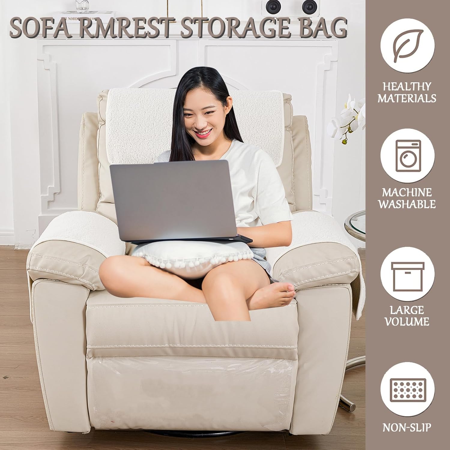 Armrest Cover, Recliner Chair Protector, Furniture Protector Slip, Side Storage Pocket, Stretch Armchair Couch Arm Rest Cover for Recliner, Chair, Sofa (Beige,1 Seater(3pcs))