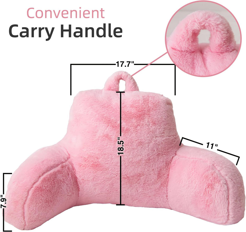 A Nice Night Faux Fur Reading Pillow Bed Wedge Large Adult Backrest with Arms Back Support for Resting in Bed/Couch for Bedrest,BabyPink