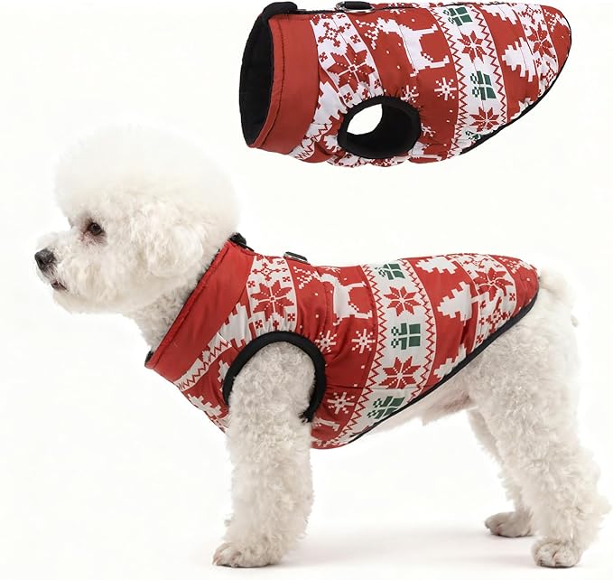 SCENEREAL Christmas Winter Dog Vest Coat with Harness Built in, Warm Puppy Jacket for Small Medium Dogs, Cold Weather Coat with Zipper, Fleece Puffer Vest Windproof Snow Clothes, M