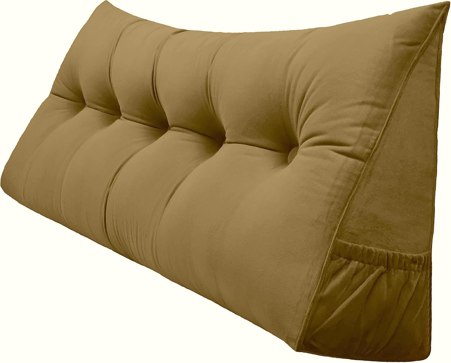 Triangular Reading Bed Rest Pillow Large Bolster Cushion Headboard Backrest Wedge Pillow with Removable Cover and Two Large Side Pockets (Golden Brown, Queen: 59 x 8 x 20 inches)