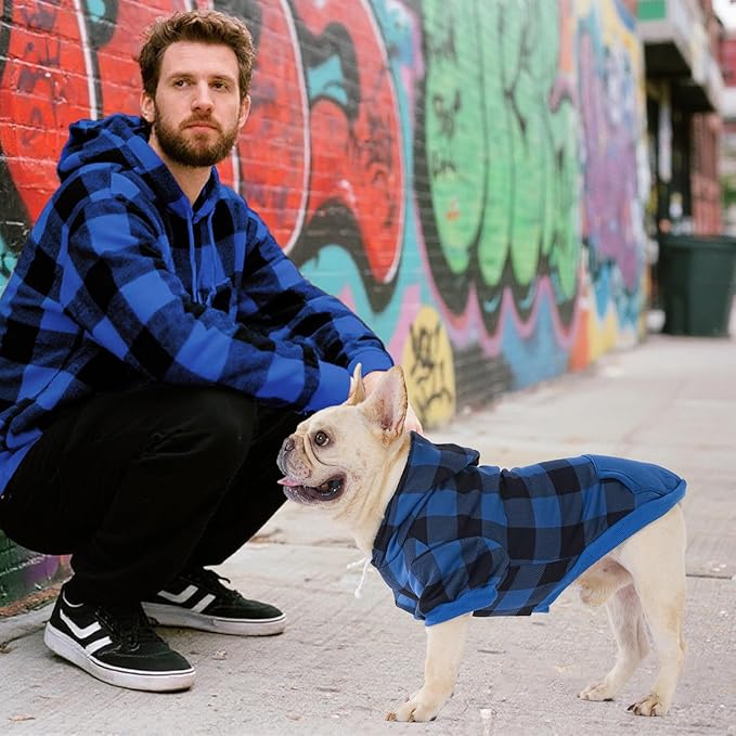 KOOLTAIL Plaid Dog Hoodie Pet Clothes Sweater with Hat and Pocket for Small Medium Large Size Dogs, Soft Winter Warm Dog Cold Weather Coat, Fleece Fall Dog Hooded Sweatshirt for Puppy Cats, Blue SM