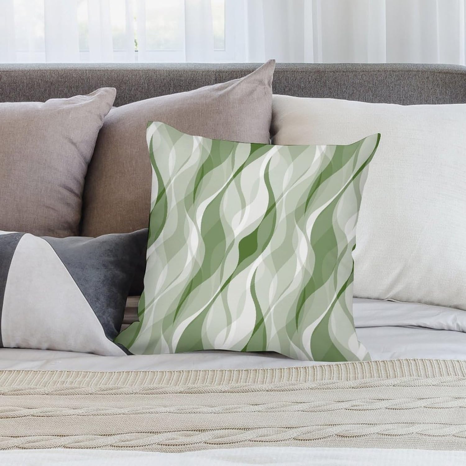 Green Throw Pillow Covers Modern Abstract Ombre Green Striped Decorations for Bedroom Living Room Farmhouse Sofa Pillows Bed Couch 22x22 Inch