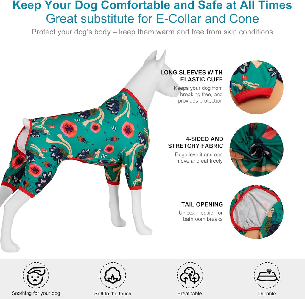 LovinPet Dog Clothes Large Breed Girl XXL - Pet Anxiety Relief Shirt, UV Protection Dog Clothes, Comfy Lightweight Fabric, Turquoise Peacock Prints, Pitbull Clothes, Pitbull Pajamas, Green 2XL