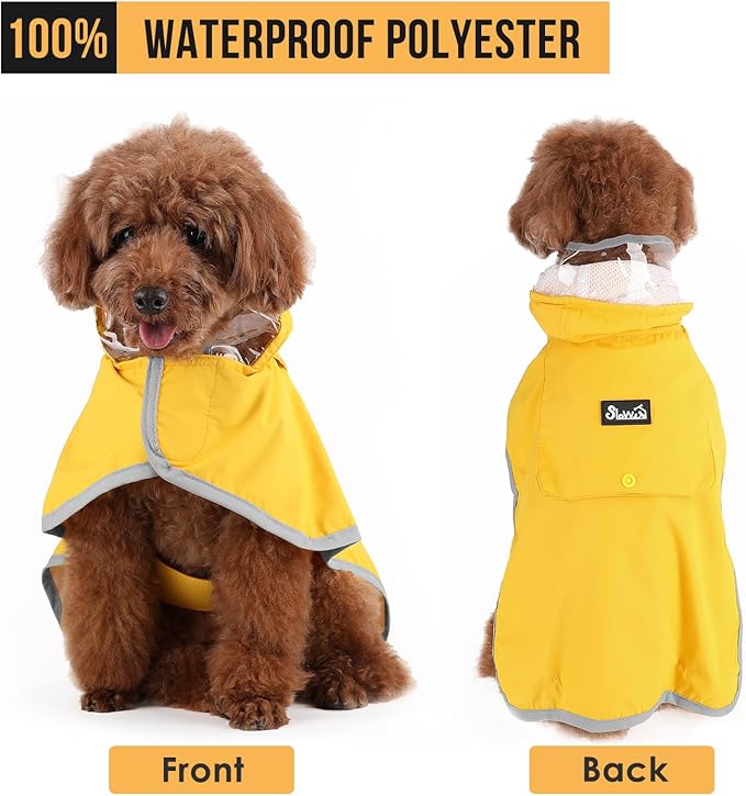 SlowTon Dog Raincoat, Adjustable Dog Rain Jacket Clear Hooded Double Layer, Waterproof Poncho with Reflective Strip Straps and Storage Pocket for Small Medium Large Dog (Yellow L)